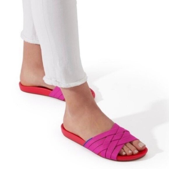 Rothy’s Shoes - Rothy’s The Slide In Cherry Red Pink Criss Cross Knit Strap Sandals Size 8.5
